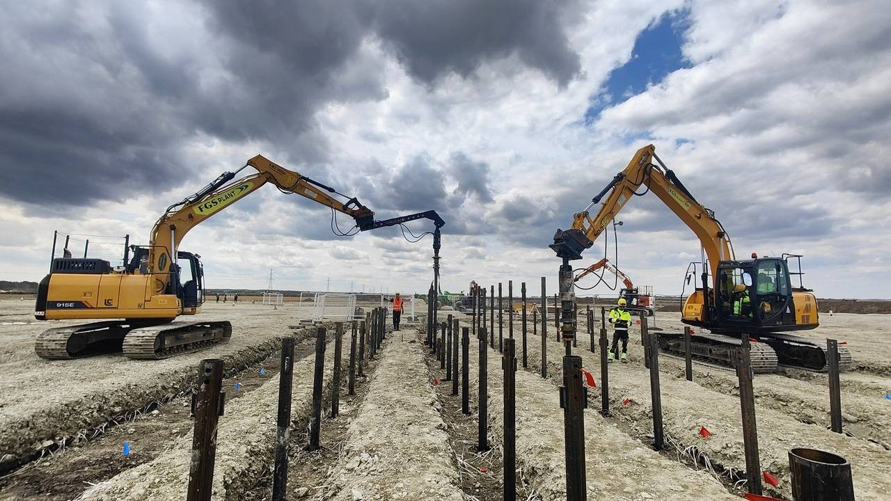 Helical pile installation at Cleve Hill electrical compound, Kent UK