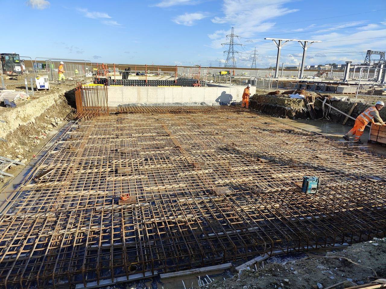 Reinforcement cage above pile heads ready for slab pour, Cleve Hill electrical compound
