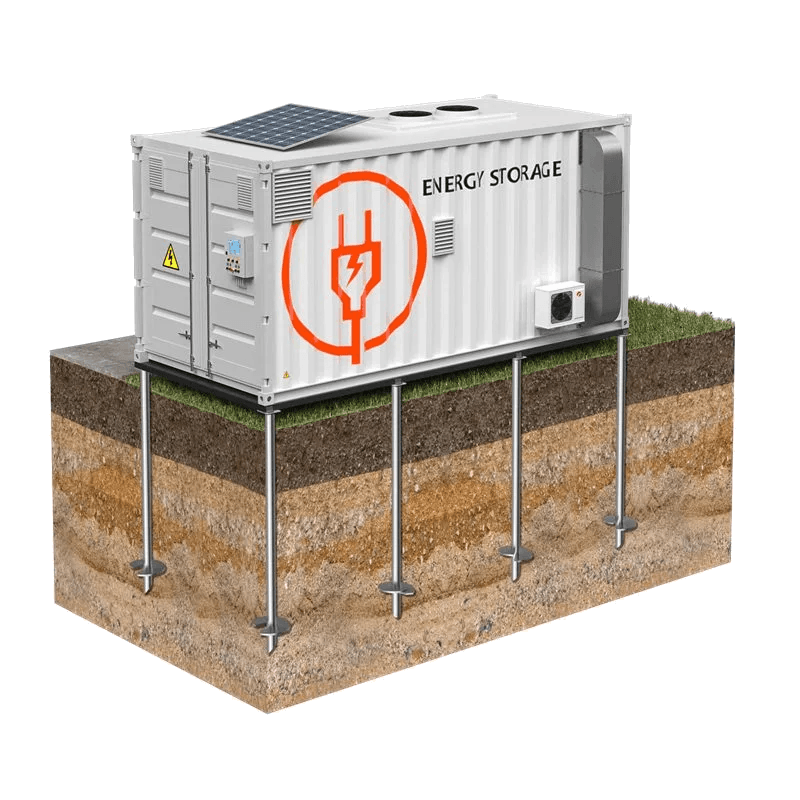 BESS container resting on six helical piles anchored below the frost line